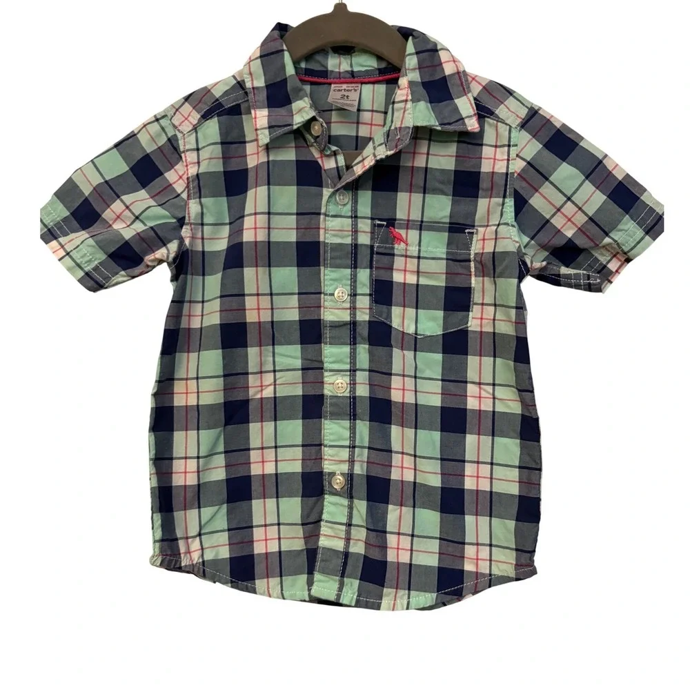 Carters Toddler Boys Green Navy Plaid Dinosaur Button Down Shirt 2T Short Sleeve